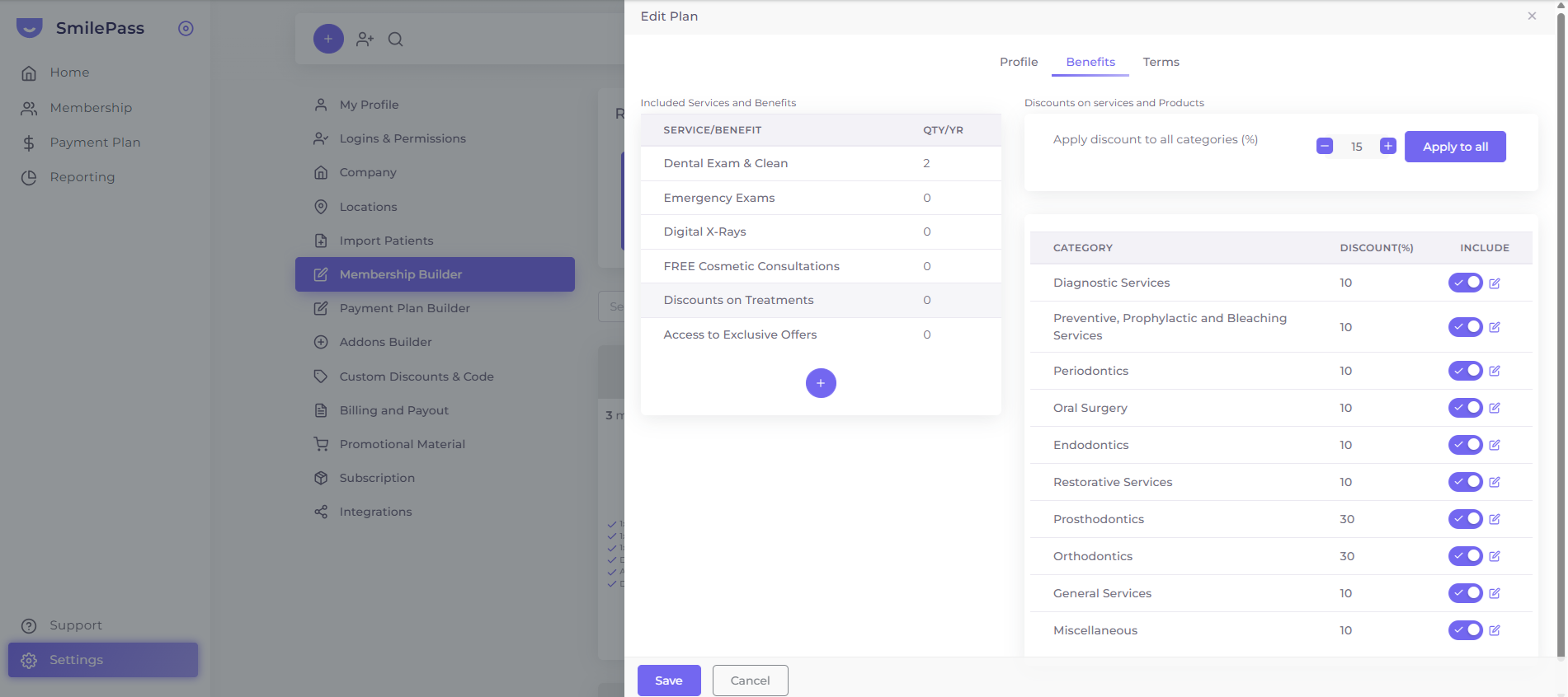 The Benefits tab of a plan — the Included Services table on the left and the Discounts on services and Products panel on the right, listing all ten categories with a discount % and an Include toggle